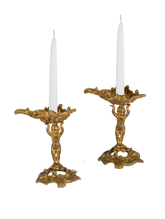 Vintage 19th Century French Cherub with Shells Candelabra Pair Weston Table