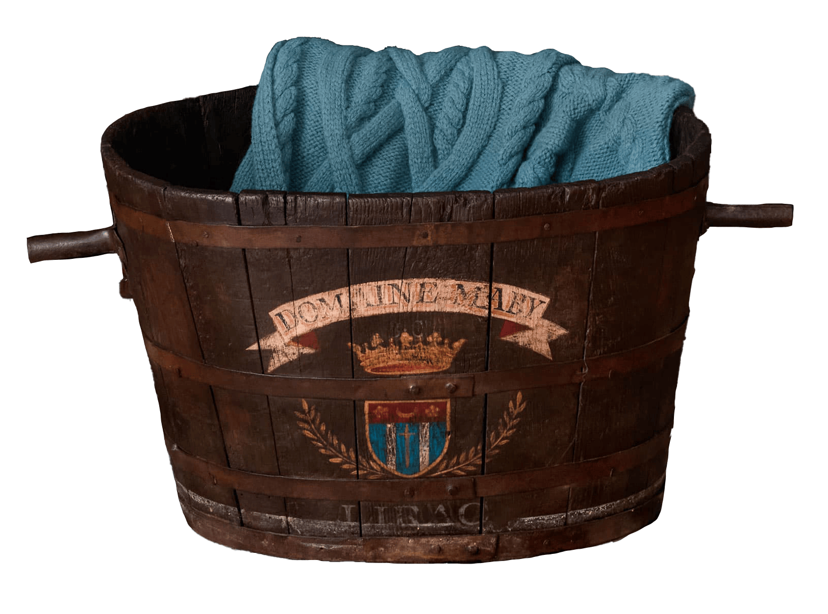 Wooden bucket with blue blanket inside, featuring a winery logo that reads 'Domaine Maby' on a transparent background