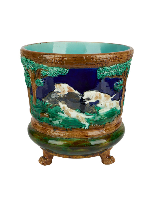 Vintage 19th Century Majolica Hunting Scene Cache Pot Weston Table