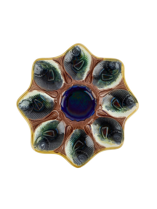 Vintage 19th Century Majolica Oyster Plate with 8 Fish Wells Weston Table