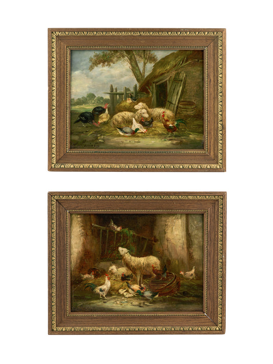 Vintage 19th Century Sheep Oil Painting on Wood Panel Weston Table