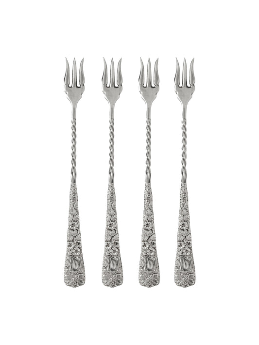 Vintage 19th Century Silver Plate Ornate Trident Oyster Forks Set of Four Weston Table