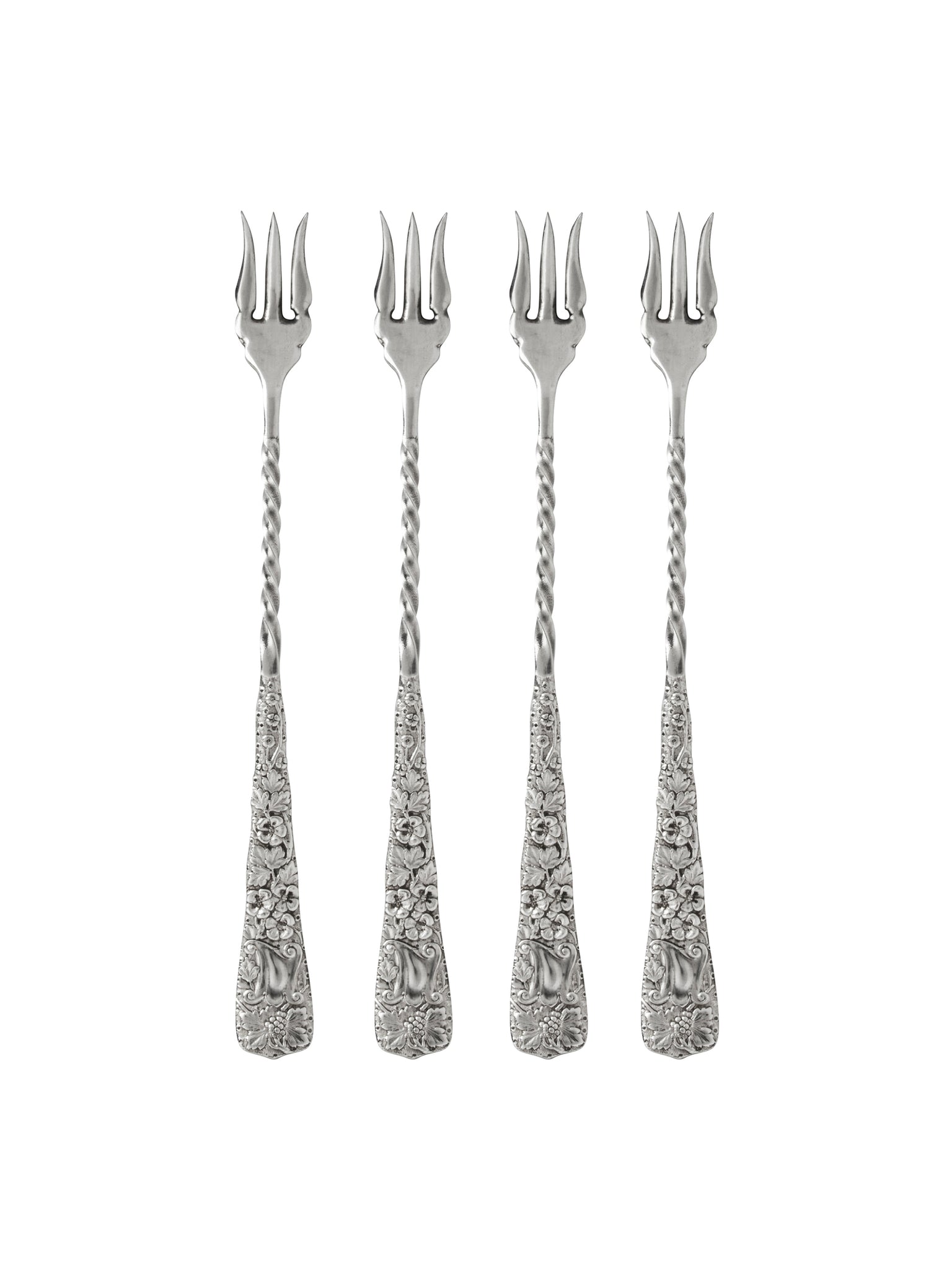 Vintage 19th Century Silver Plate Ornate Trident Oyster Forks Set of Four Weston Table