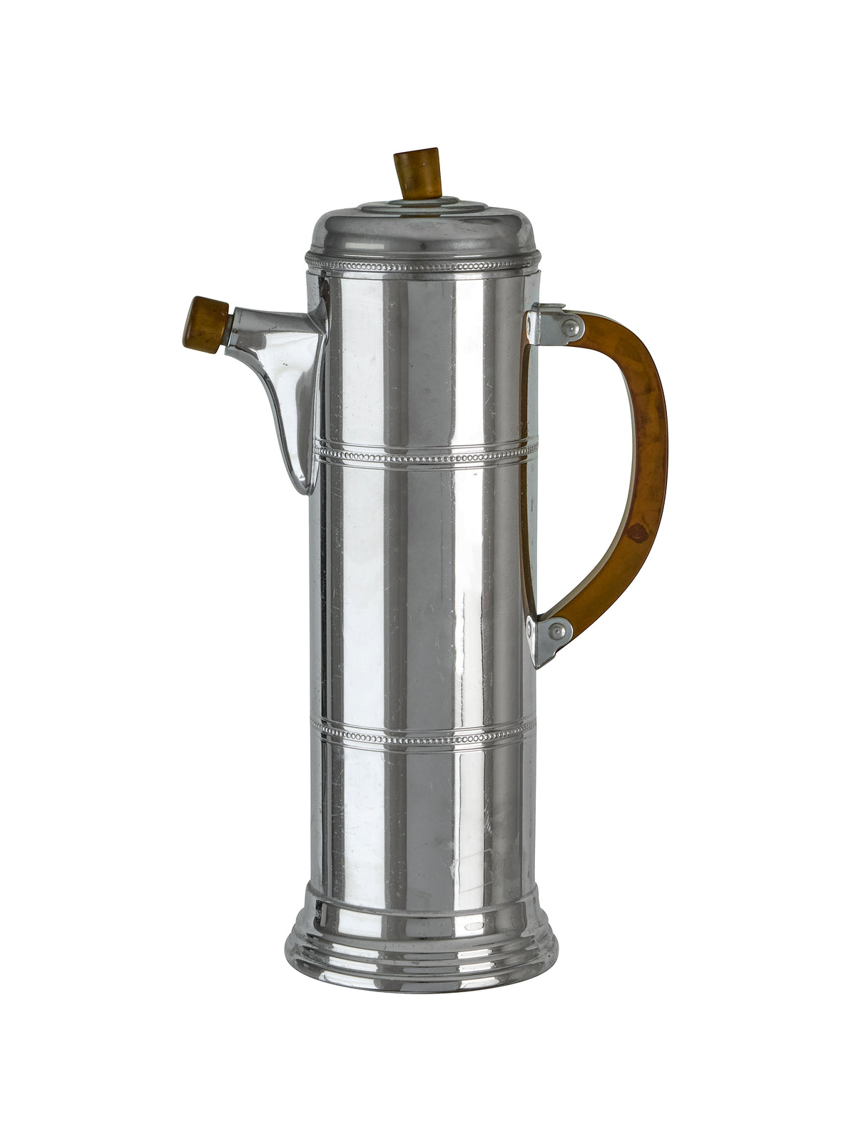Vintage Art Deco Chrome Cocktail Shaker with Chocolate Bakelite Handle Three Weston Table