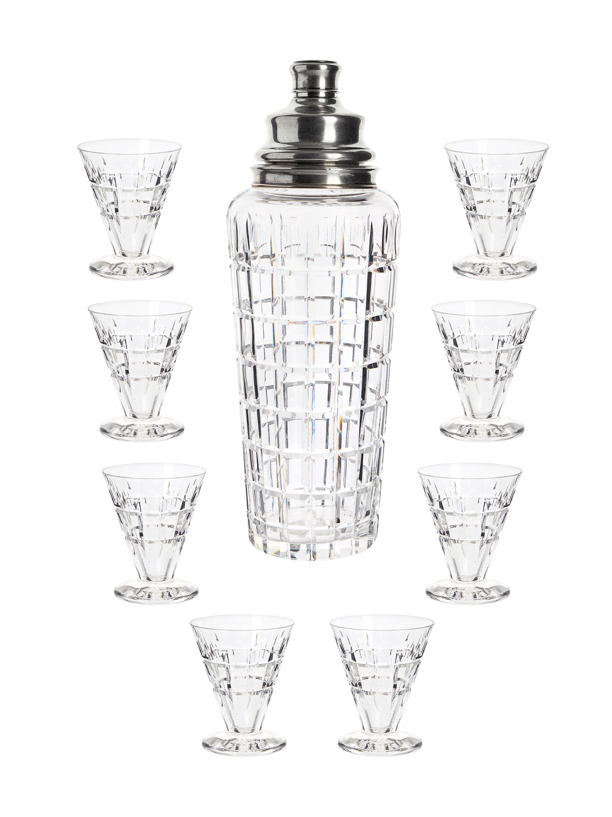 Vintage Art Deco Hawks Vernay Sterling Top Cut Crystal Cocktail Shaker Set Weston Table