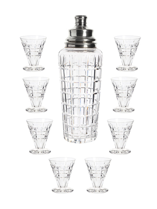 Vintage Art Deco Hawks Vernay Sterling Top Cut Crystal Cocktail Shaker Set Weston Table