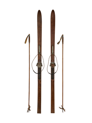  Vintage European Wooden Skis and Poles 