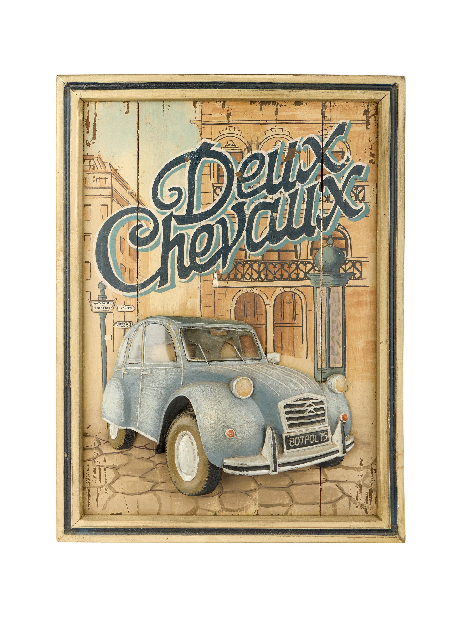 Decorative sign with a vintage car and 'Delux Chevallux' text on a beige background Weston Table
