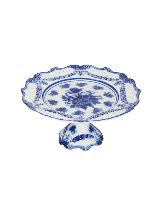 Vintage English Blue Floral Stoneware Dessert Stand Weston Table