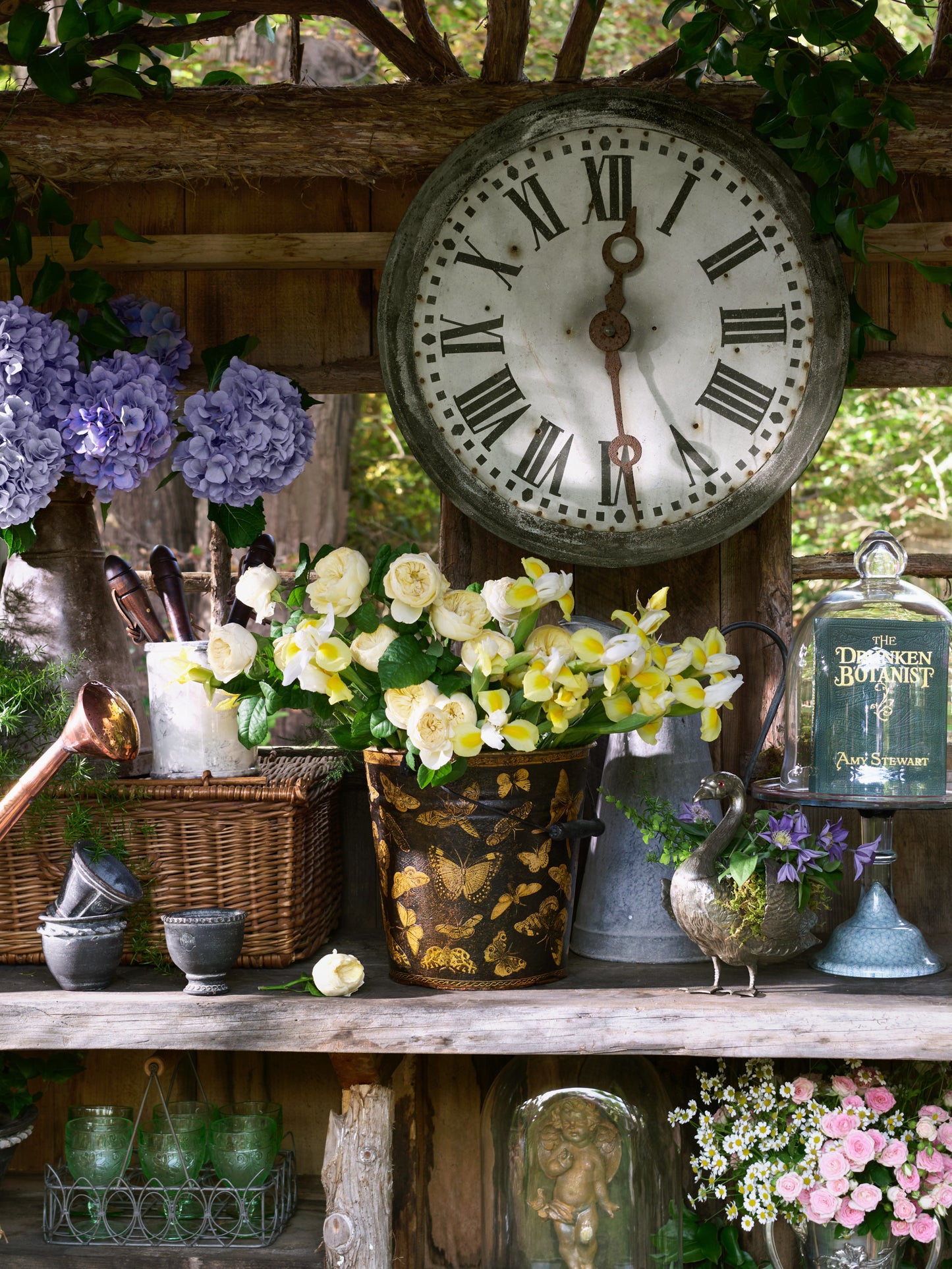 Vintage English Decoupage Black Butterfly Bucket Weston Table