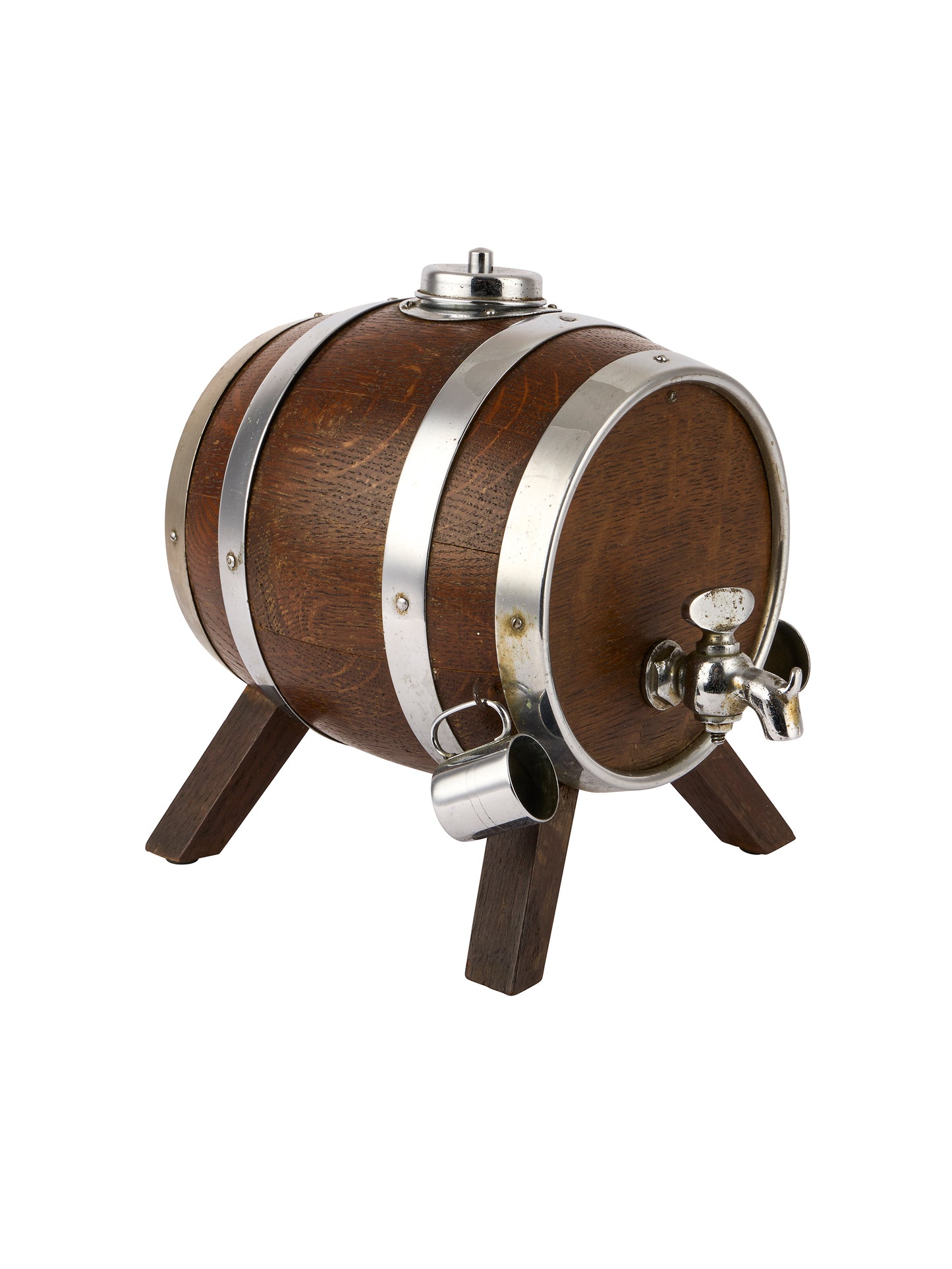 Vintage English Oak Silver Plate Spirits Barrel Weston Table