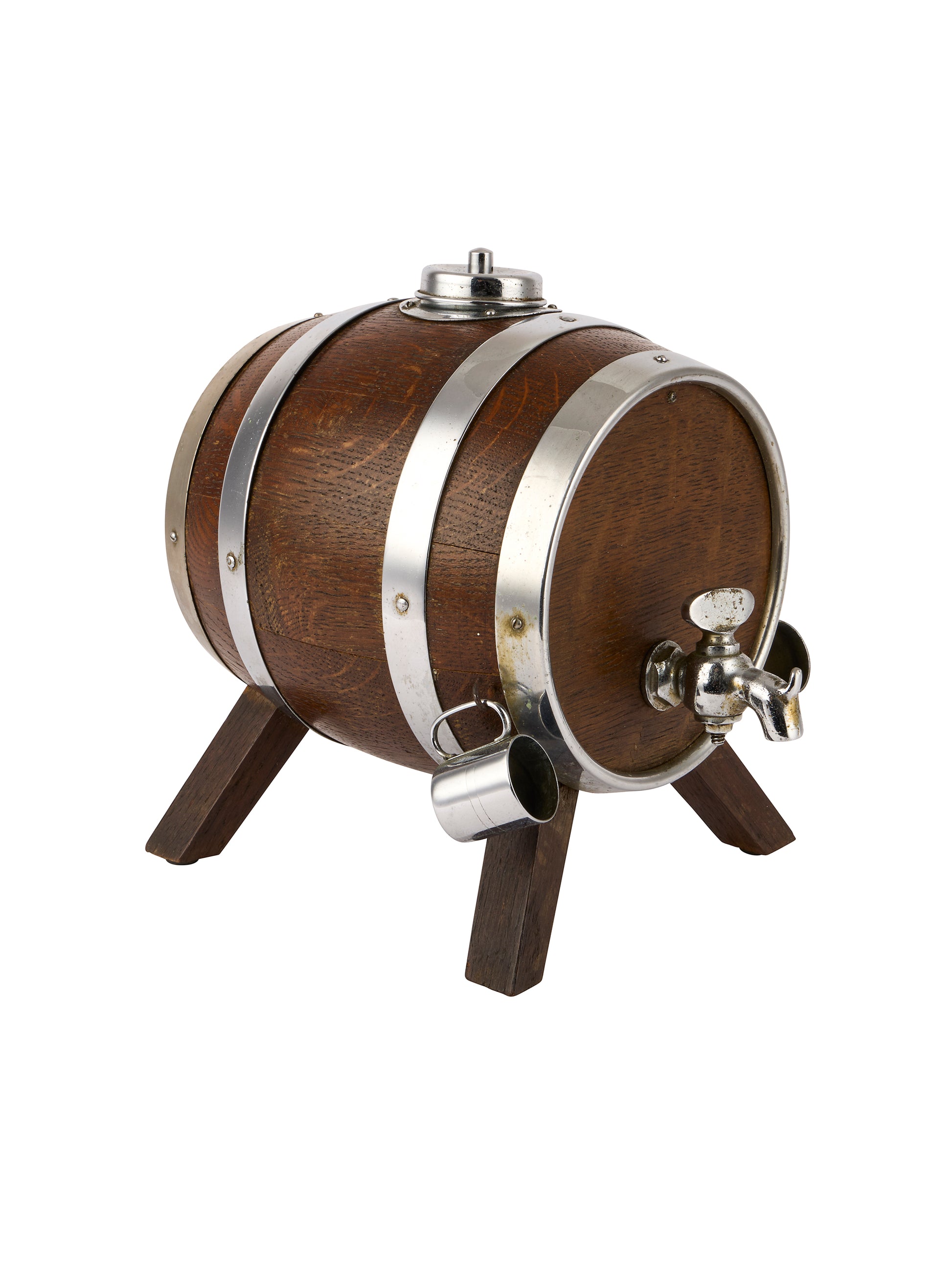 Vintage English Oak Silver Plate Spirits Barrel Weston Table