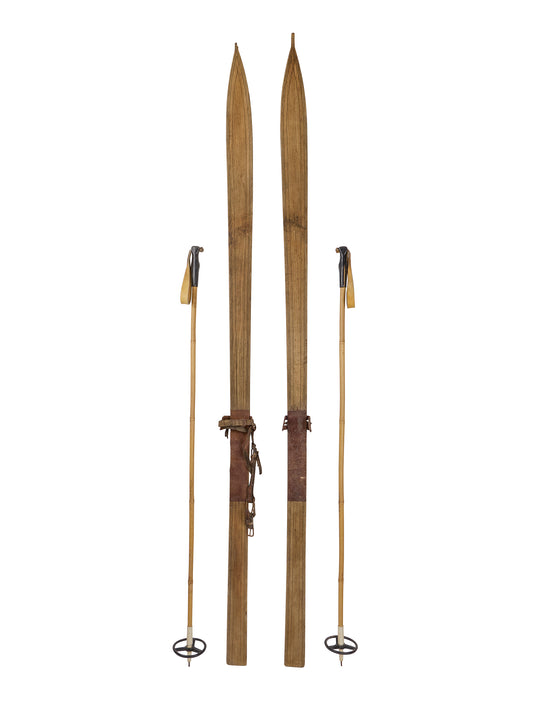 Vintage European Wooden Skis and Poles One Weston Table