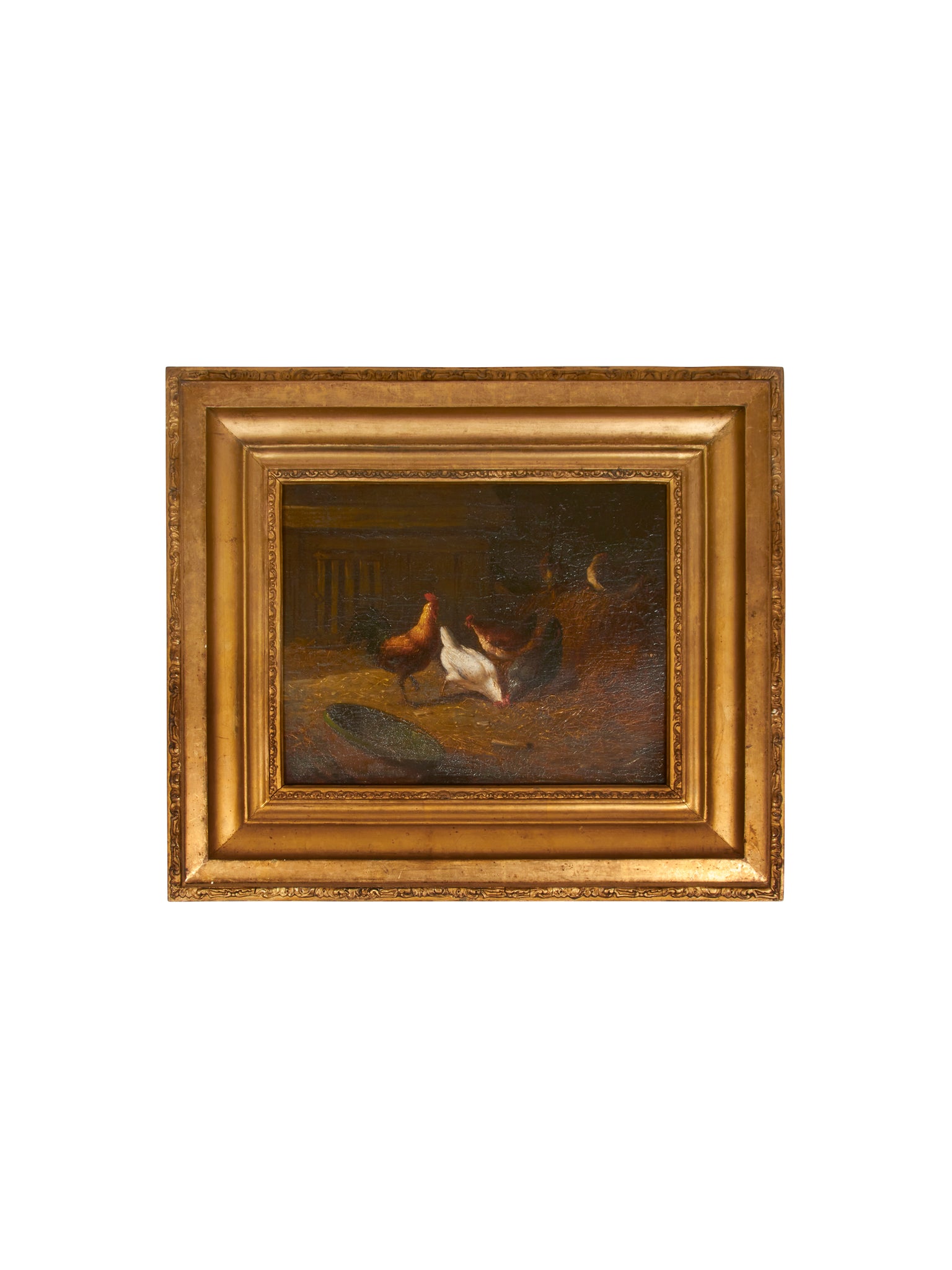 Vintage 1900 Farm Scene Oil on Board with Roosters Wood Frame Weston Table