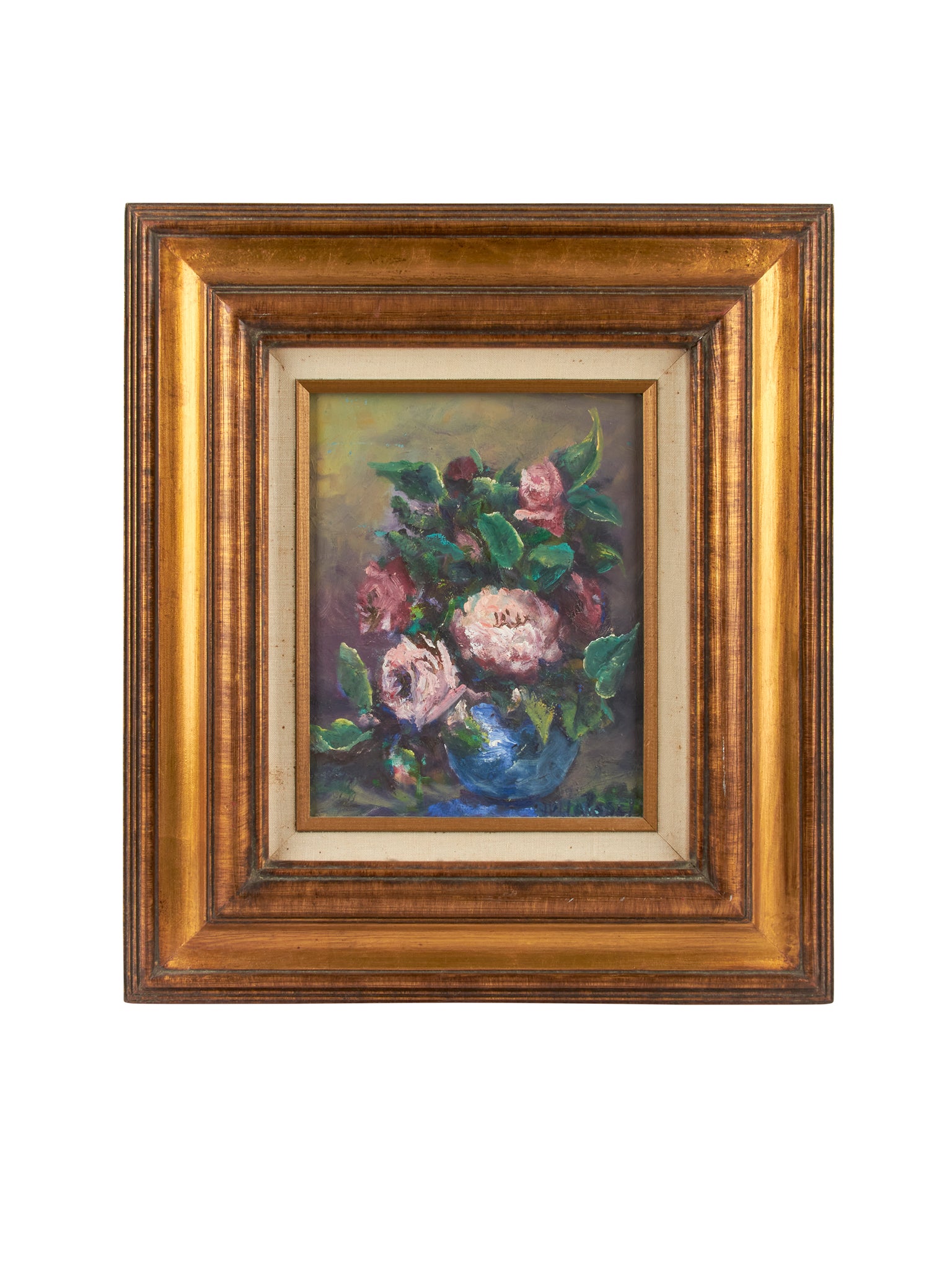 Vintage Garden Roses in Blue Vase Still Life Painting Weston Table