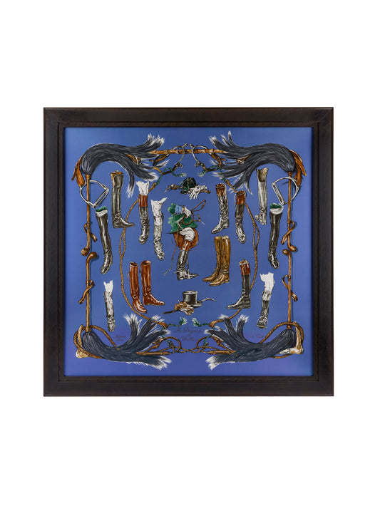 Vintage Hermes Apropos de Bottes Blue Silk Scarf Framed Art Weston Table