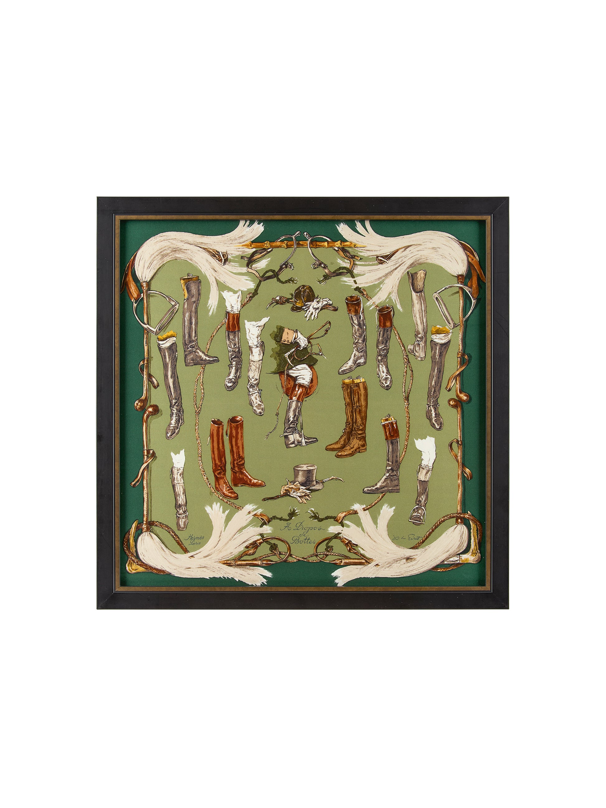 Vintage Hermes Apropos de Bottes Small Silk Scarf Framed Art Weston Table