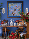 Vintage Hermes Au Coeur de Bois Silk Scarf Blue Framed Art Weston Table