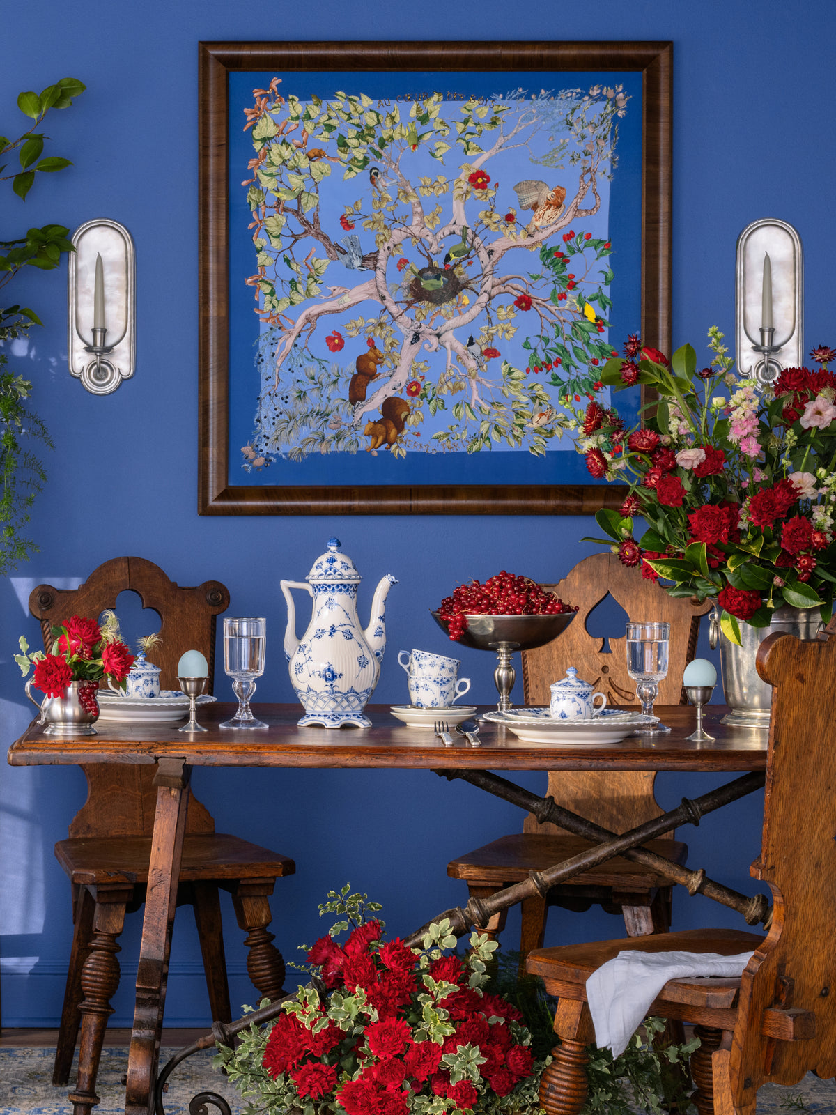 Vintage Hermes Au Coeur de Bois Silk Scarf Blue Framed Art Weston Table