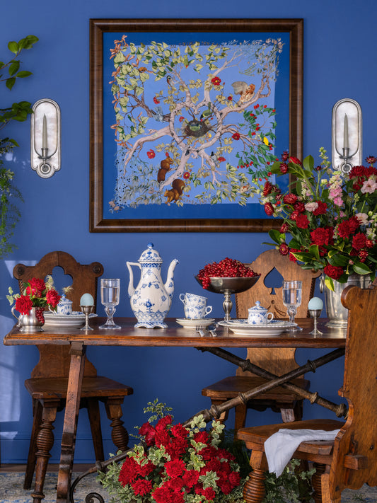 Vintage Hermes Au Coeur de Bois Silk Scarf Blue Framed Art Weston Table