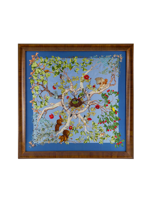Vintage Hermes Au Coeur de Bois Silk Scarf Blue Framed Art Weston Table