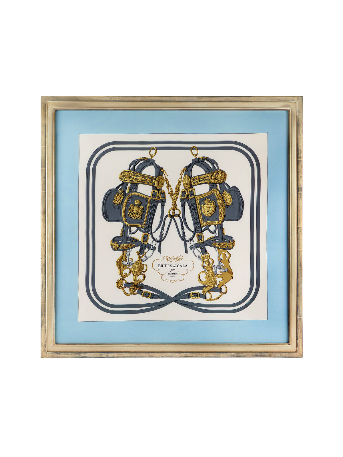Vintage Hermes Brides de Gala Silk Light Blue Scarf Framed Art Weston Table