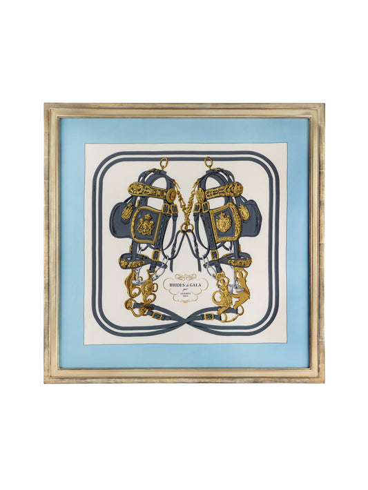 Vintage Hermes Brides de Gala Silk Light Blue Scarf Framed Art Weston Table