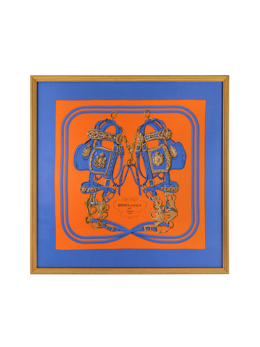 Vintage Hermes Brides de Gala Silk Scarf Framed Art Violet Blue and Orange Weston Table