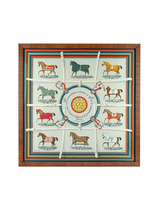 Vintage Hermes Couvertures et Tenues de Jour Silk Scarf Grey Border Framed Art Weston Table