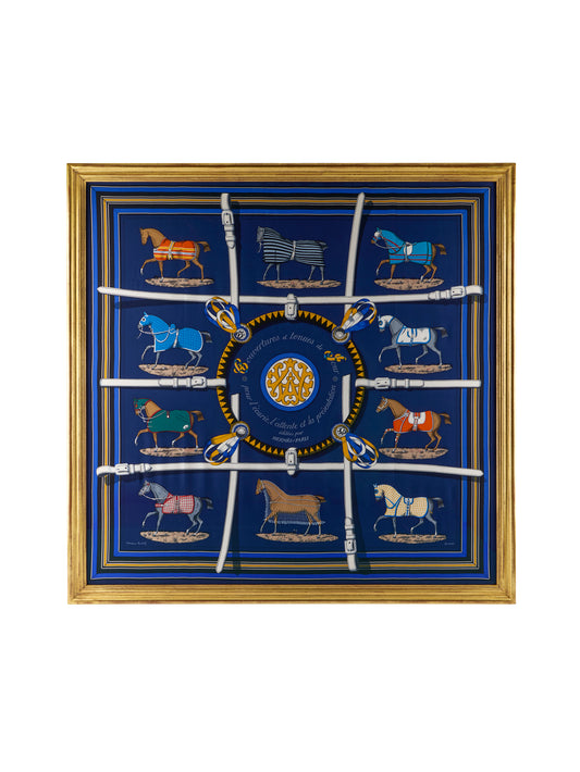 Vintage Hermes Couvertures et Tenues de Jour Silk Scarf Navy Framed Art Weston Table