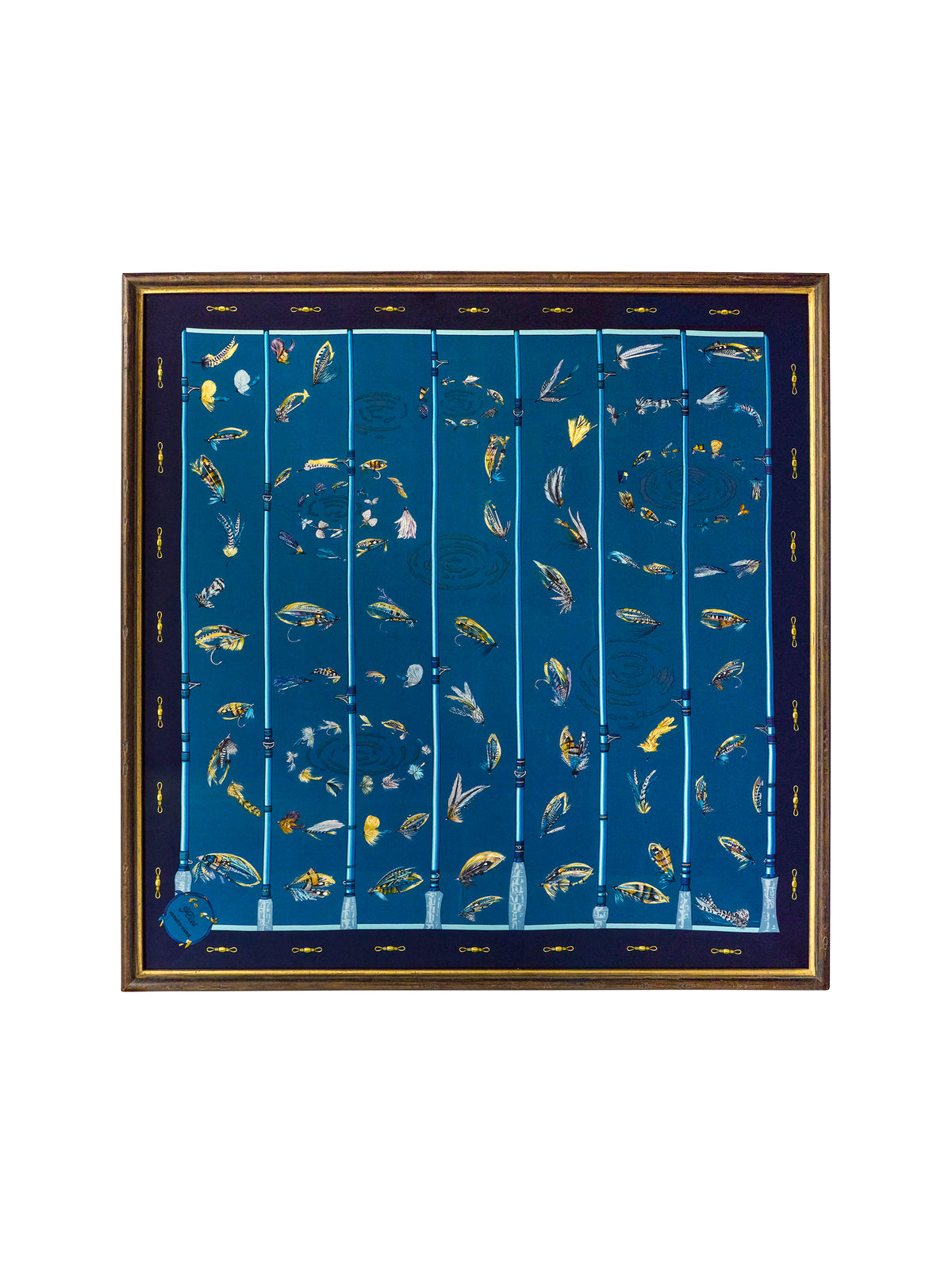 Vintage Hermes Flies Silk Blue Scarf Framed Art Weston Table