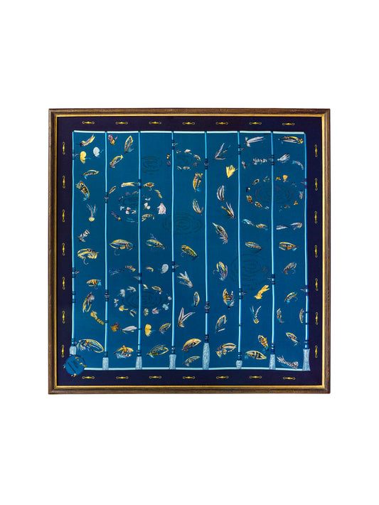 Vintage Hermes Flies Silk Blue Scarf Framed Art Weston Table