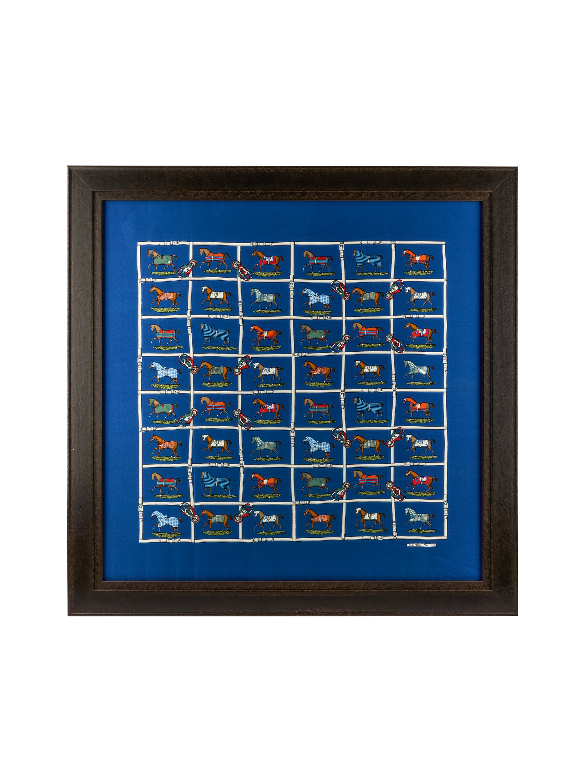 Vintage Hermes Horses in the Paddock Large Silk Scarf Framed Art Weston Table