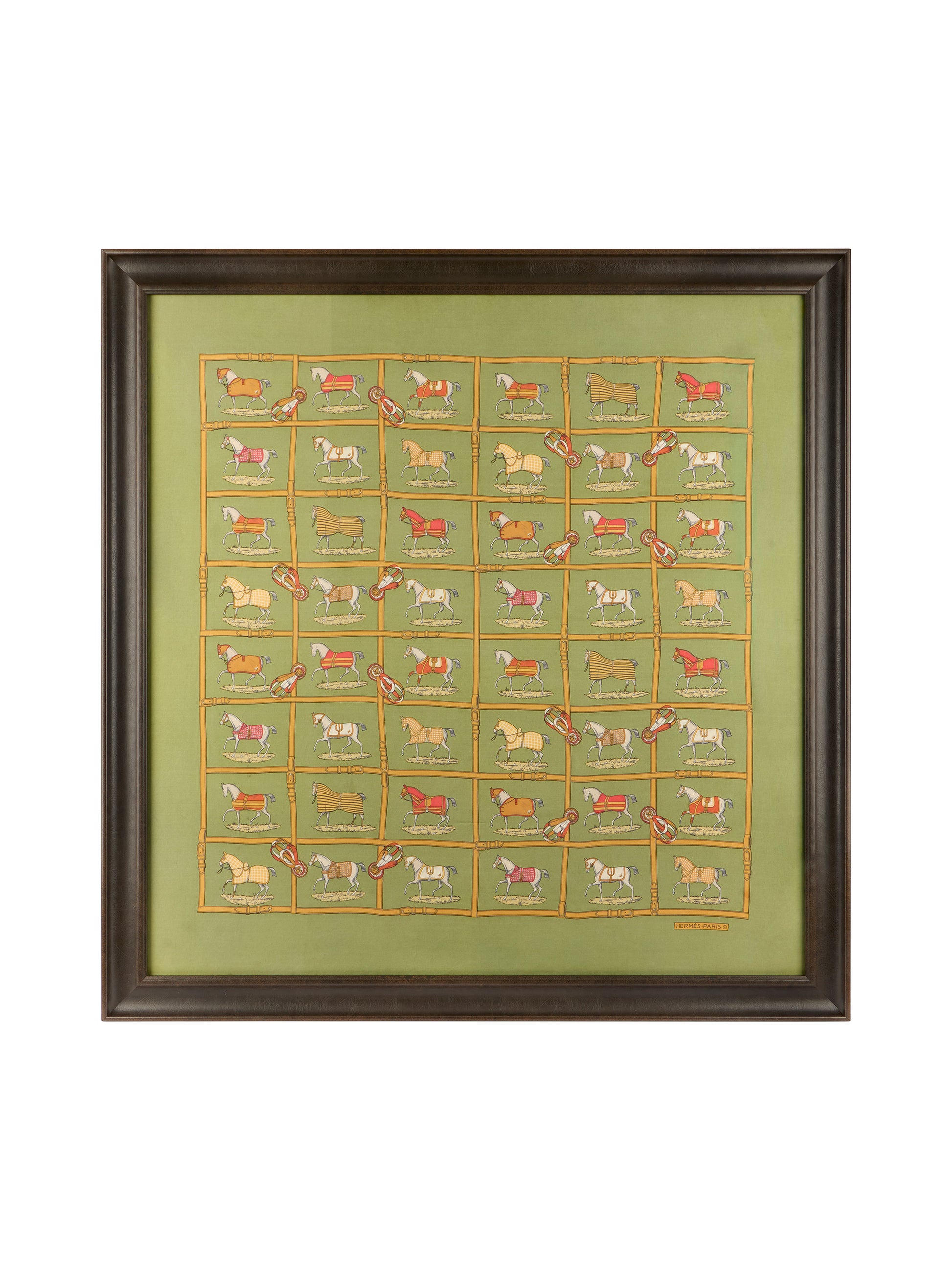 Vintage Hermes Horses in the Paddock Large Silk Scarf Framed Art Weston Table