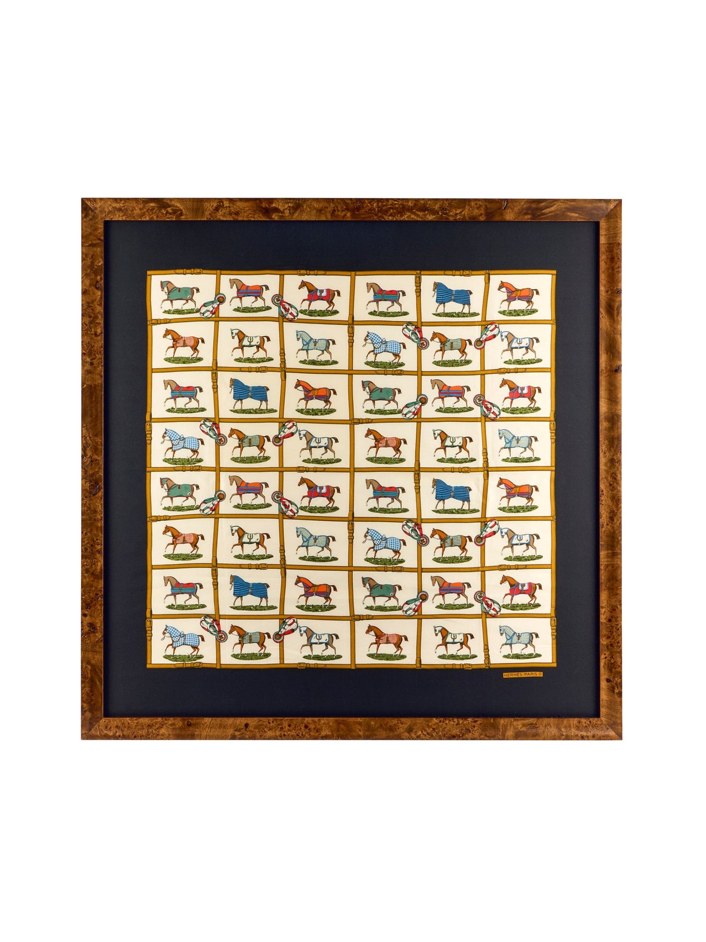 Vintage Hermes Horses in the Paddock Large Silk Scarf Framed Art Weston Table