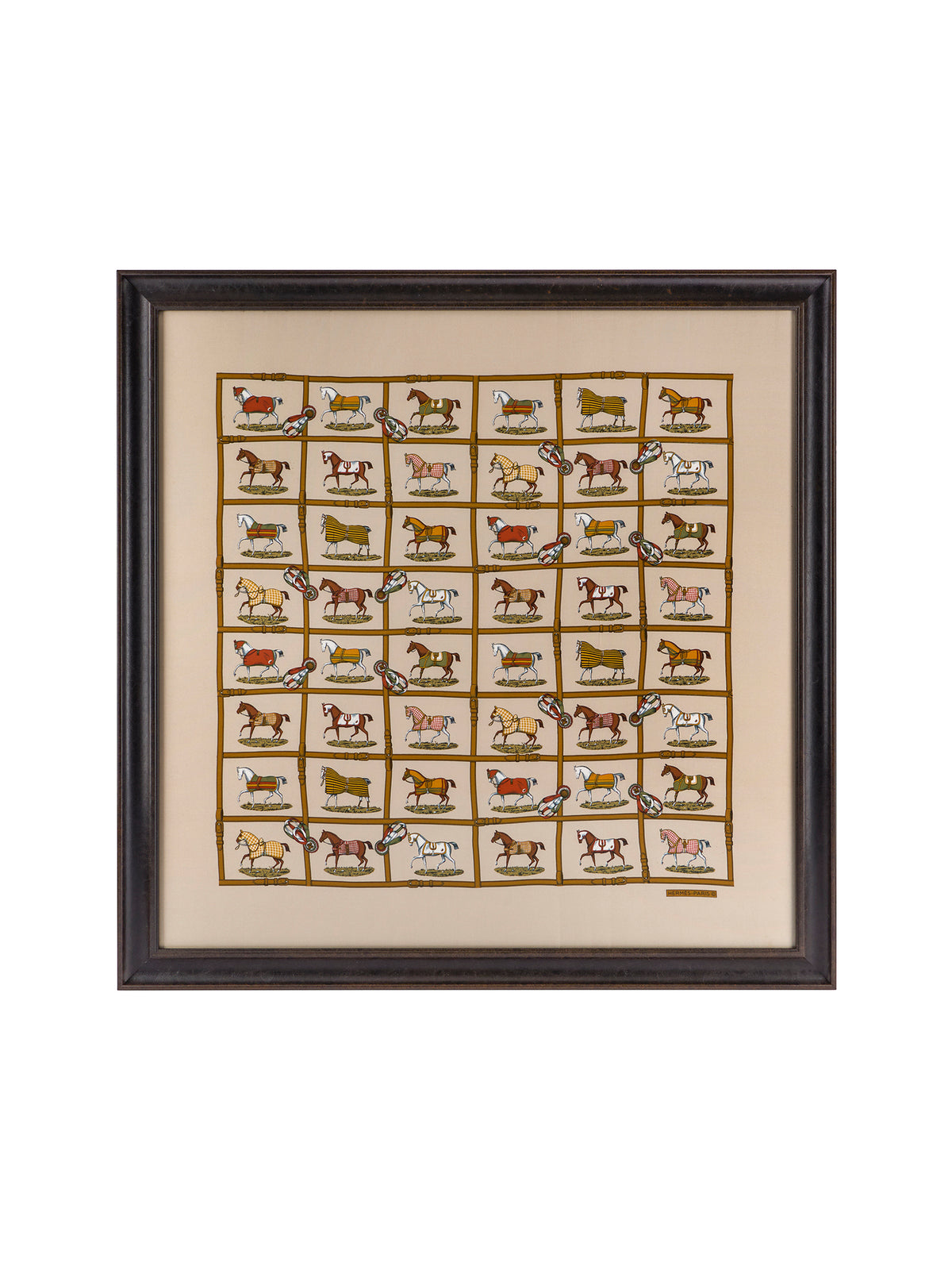 Vintage Hermes Horses in the Paddock Silk Scarf Beige Framed Art Weston Table