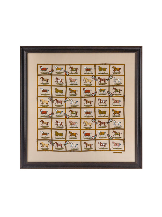 Vintage Hermes Horses in the Paddock Silk Scarf Beige Framed Art Weston Table