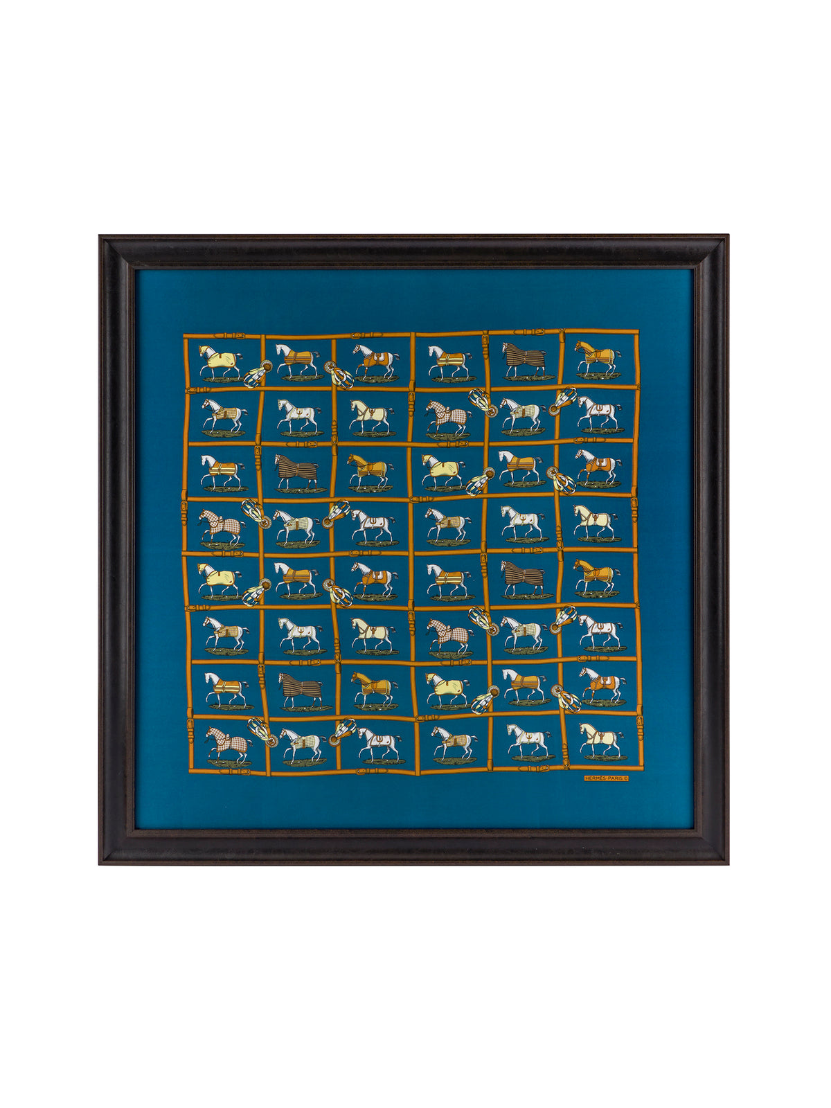 Vintage Hermes Horses in the Paddock Silk Scarf Blue Framed Art Weston Table