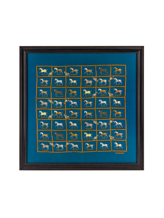 Vintage Hermes Horses in the Paddock Silk Scarf Blue Framed Art Weston Table