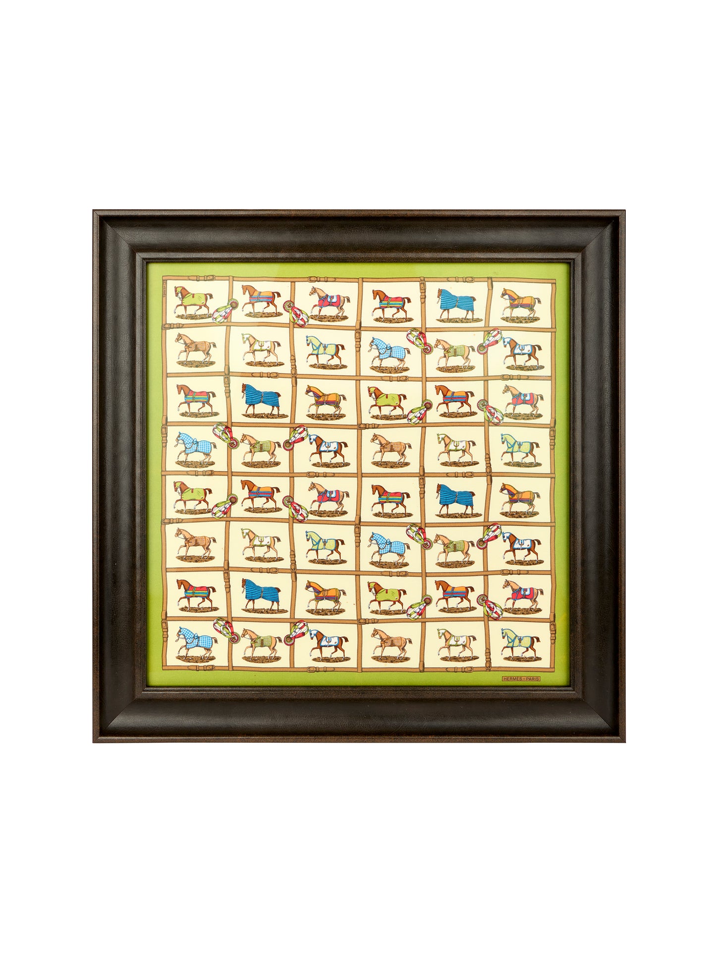 Vintage Hermes Horses in the Paddock Silk Scarf Framed Art Weston Table