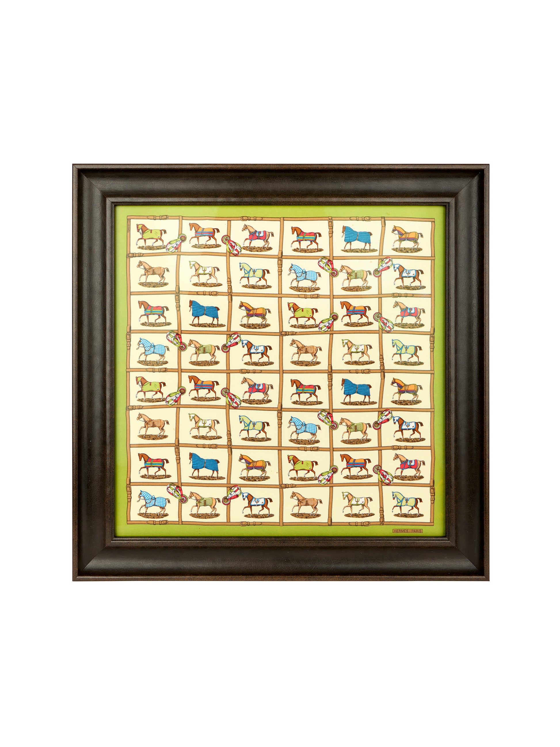 Vintage Hermes Horses in the Paddock Silk Scarf Framed Art Weston Table