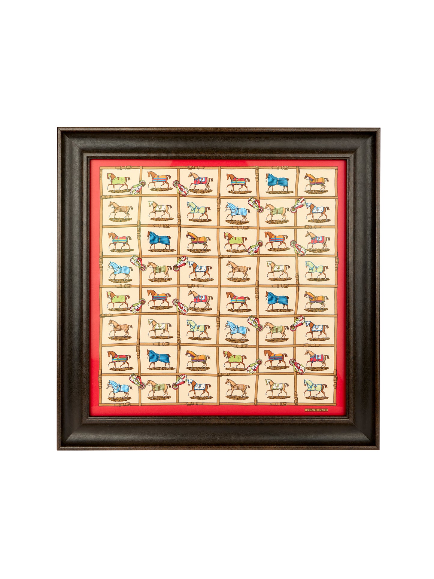Vintage Hermes Horses in the Paddock Silk Scarf Framed Art Weston Table