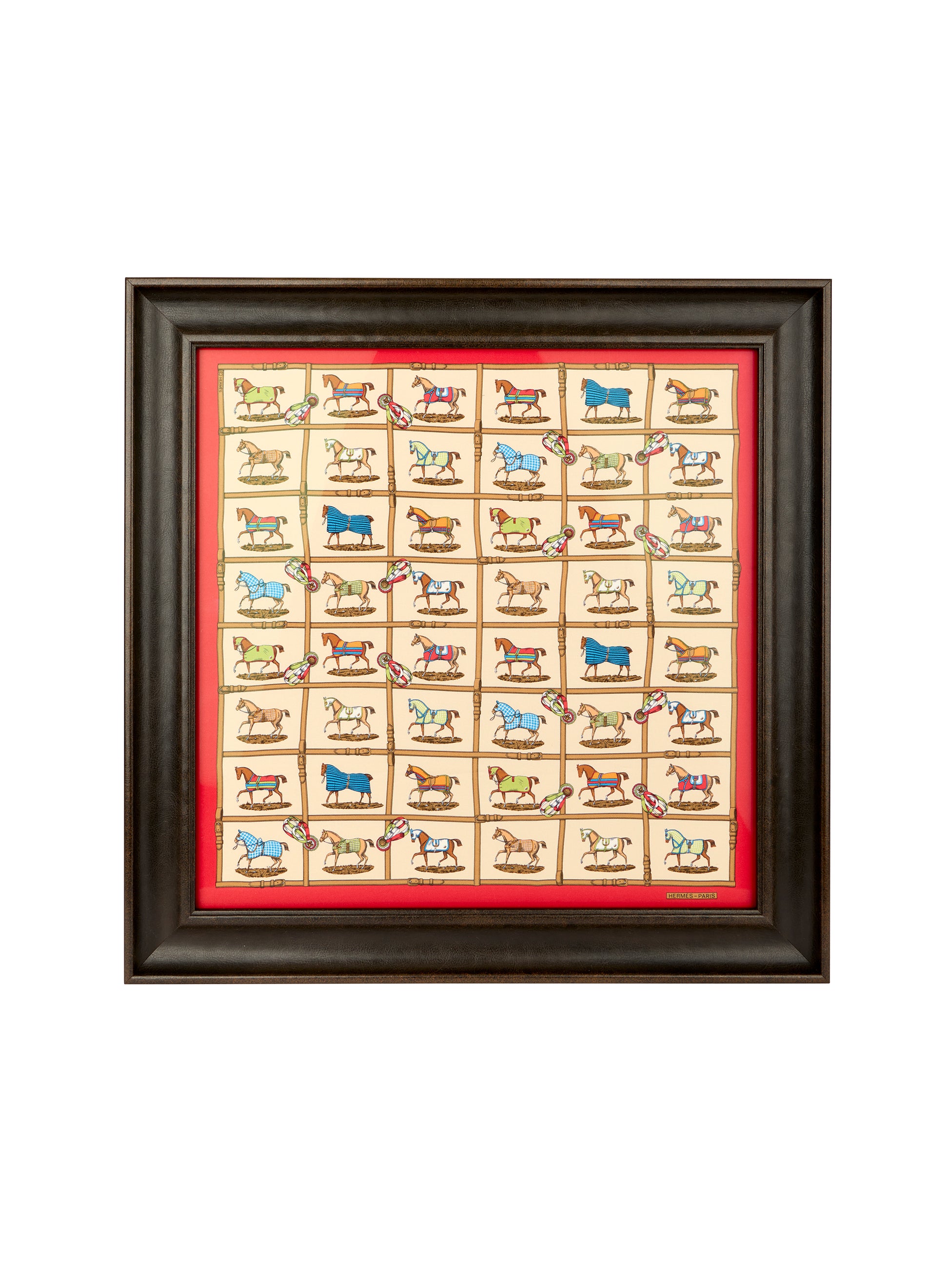 Vintage Hermes Horses in the Paddock Silk Scarf Framed Art Weston Table