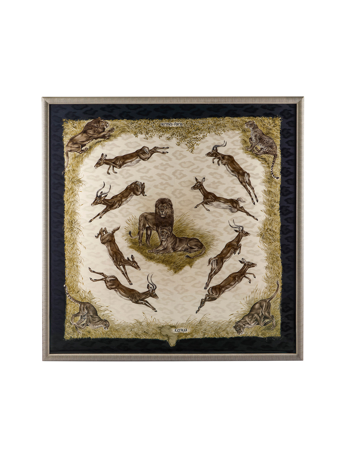 Vintage Hermes Kenya Black Silk Scarf Framed Art Weston Table