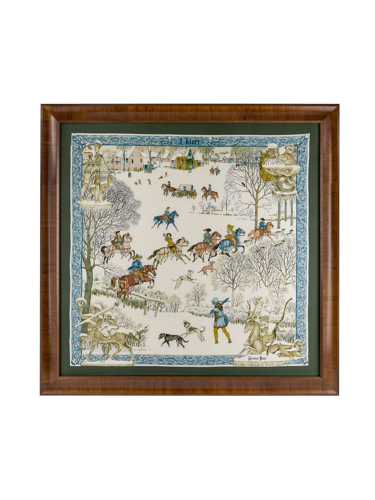 Vintage Hermes L'Hiver Silk Scarf Framed Art Weston Table