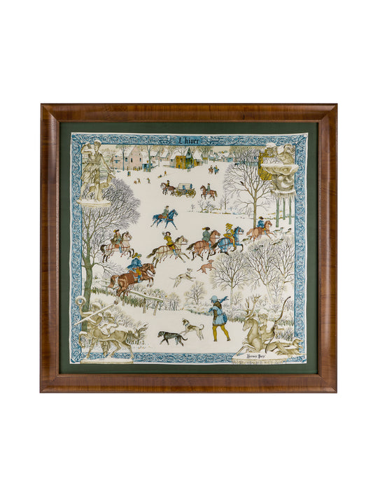 Vintage Hermes L'Hiver Silk Scarf Framed Art Weston Table