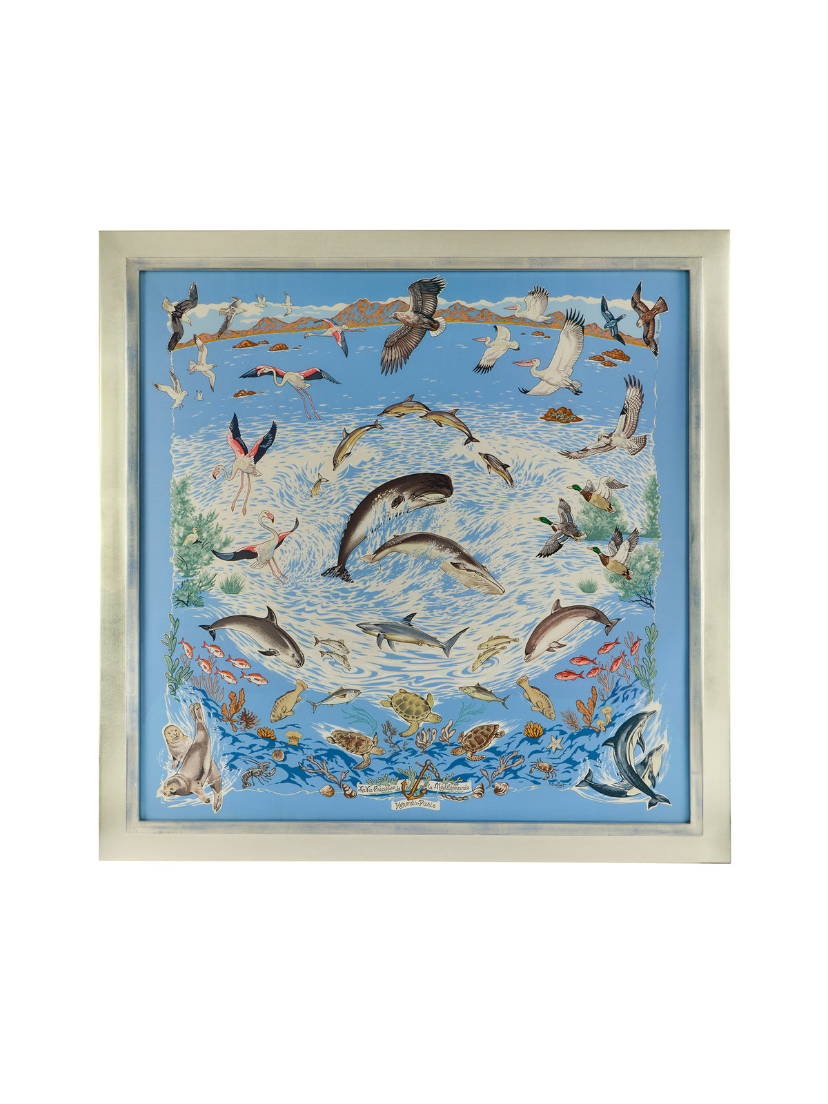 Vintage Hermes Lavie Precieuse de la Mediterranee Silk Scarf Framed Art Blue Border Weston Table