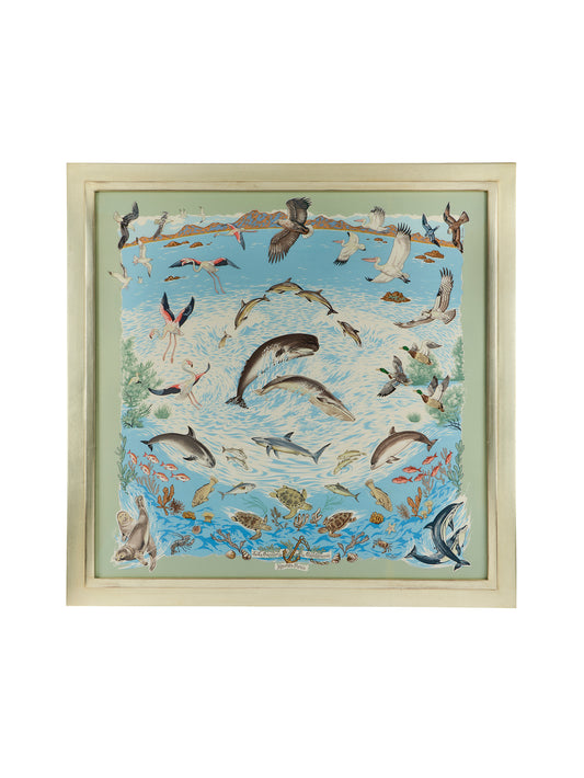 Vintage Hermes Lavie Precieuse de la Mediterranee Silk Scarf Framed Art Blue Border Weston Table