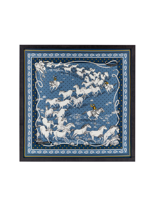 Vintage Hermes Les Mustangs Bandana Silk Scarf Framed Art Weston Table