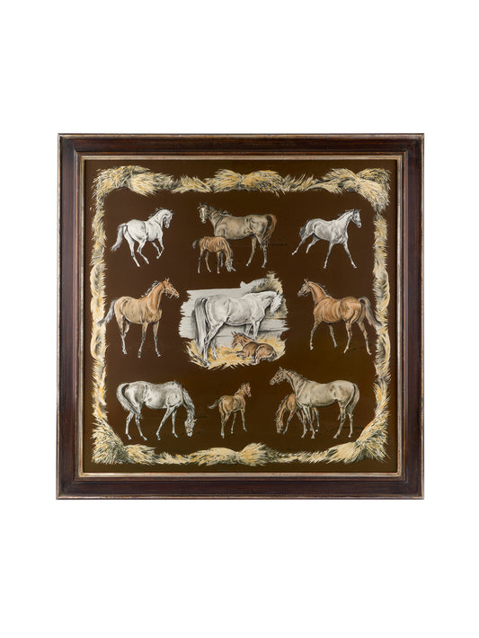 Vintage Hermes Les Poulines Brown Silk Scarf Framed Art Weston Table